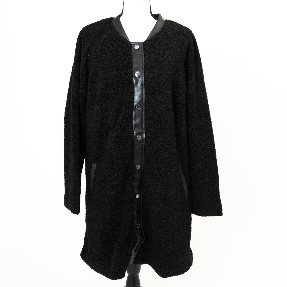 Sherpa fleece collarless coat faux leather trim Isaac Mizrahi Live  1X